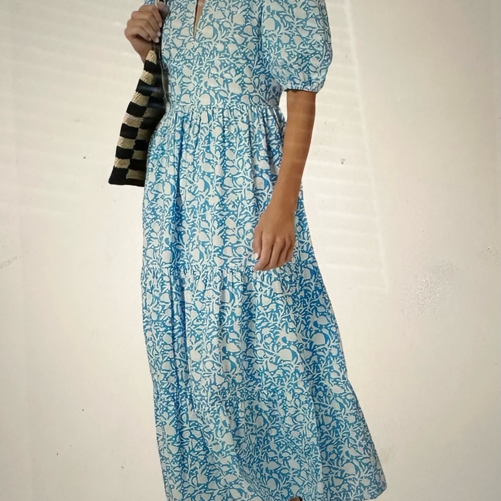 Oliphant Blue and White Floral Midi Puff sleeve Dress